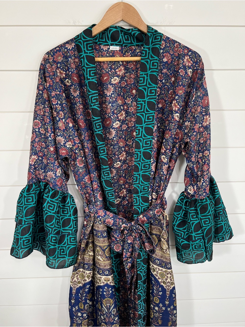 100% Silk Boho Kimono Robe Womens Tie Waist Mixed Print Duster - Picture 6 of 16